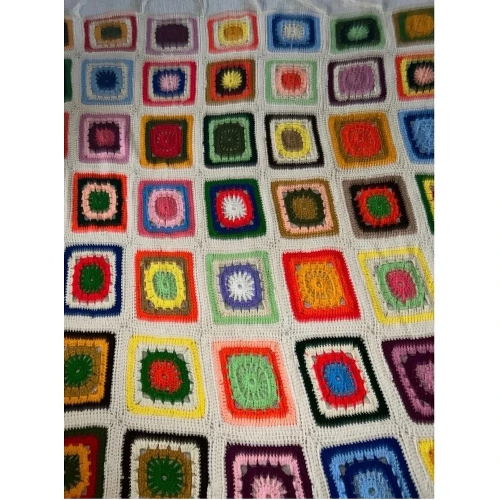 Vintage Handmade Crochet Granny Square Blanket Multi Color Boho Tassel Fringe